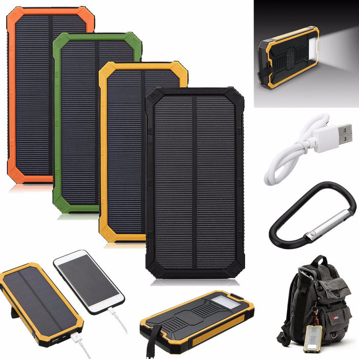 Water-Resistant Portable Power Bank with Illumination: black, green portable solar power bank, rugged outdoor style