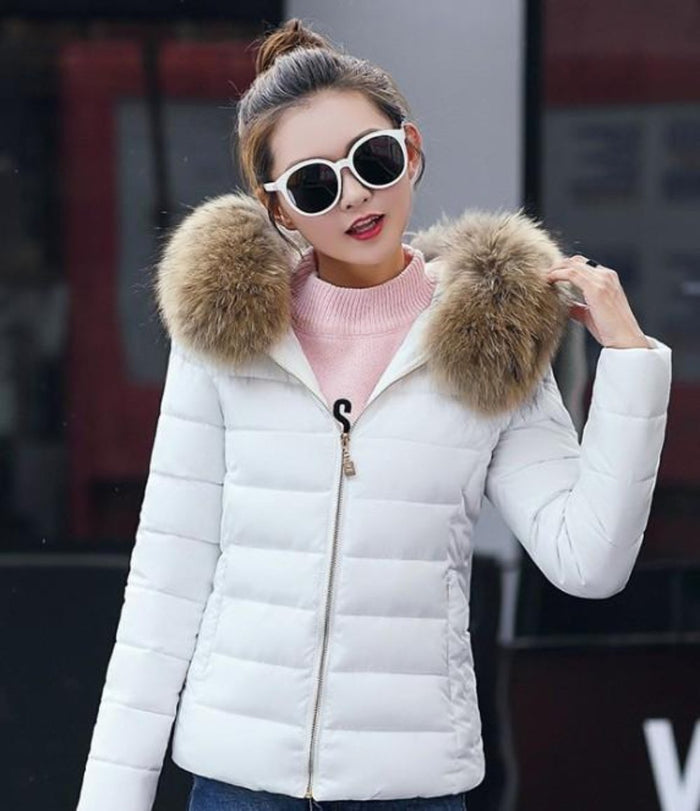 White Slim Fit Winter Hooded Short Zip-Up Jacket for Women: white, tan brown puffer jacket, fashionable winter outerwear styl