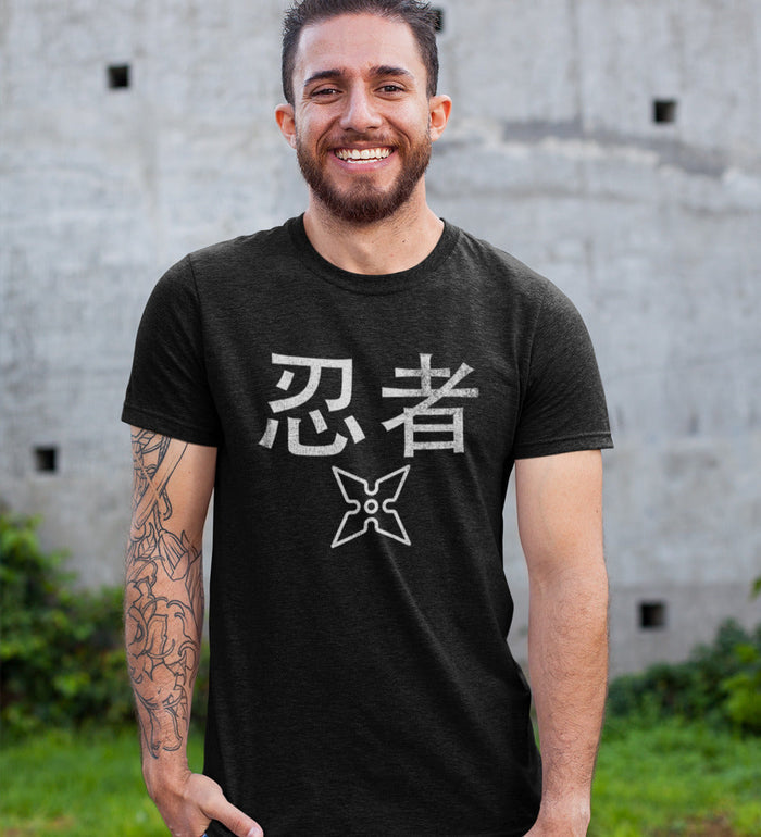 White T-Shirt with a Worn-Out Ninja Design: black, light gray ninja theme, minimal graphic style
