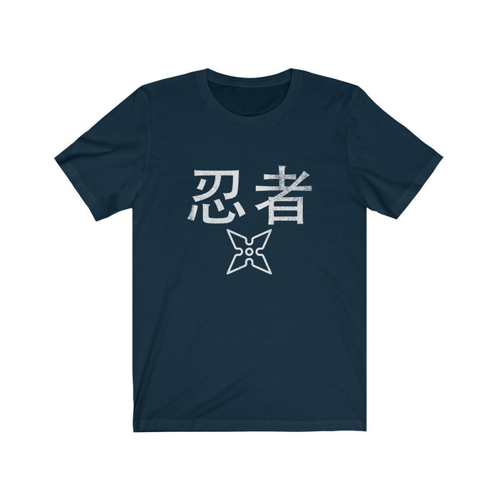 White T-Shirt with a Worn-Out Ninja Design: black, light gray ninja theme, minimal graphic style