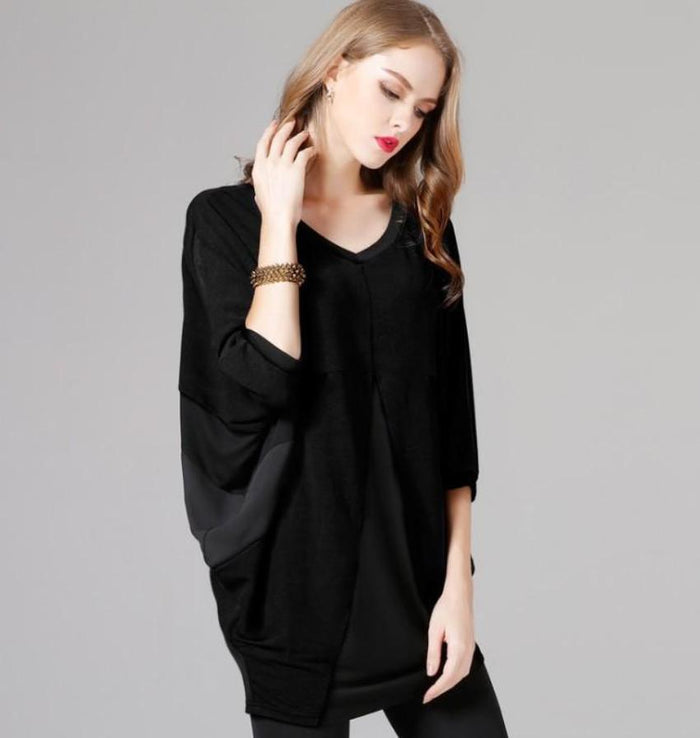 Wide Neck Batwing Top for Women: black long-sleeve top, minimal style