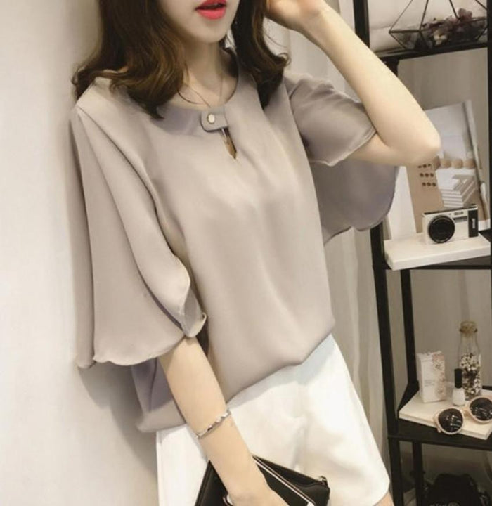 Wide Sleeve Business Casual Blouse for Women: taupe, light beige women's blouse, minimal style