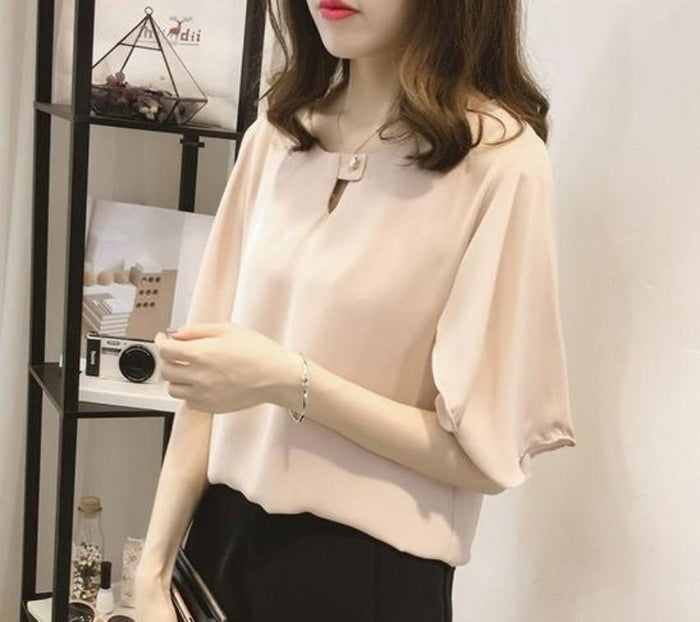 Wide Sleeve Business Casual Blouse for Women: taupe, light beige women's blouse, minimal style