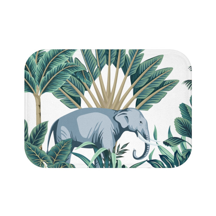 Wild Elephant Bath Mat for Lucky Home Decor: white, light blue-gray elephant in tropical foliage, cartoon botanical illustrat