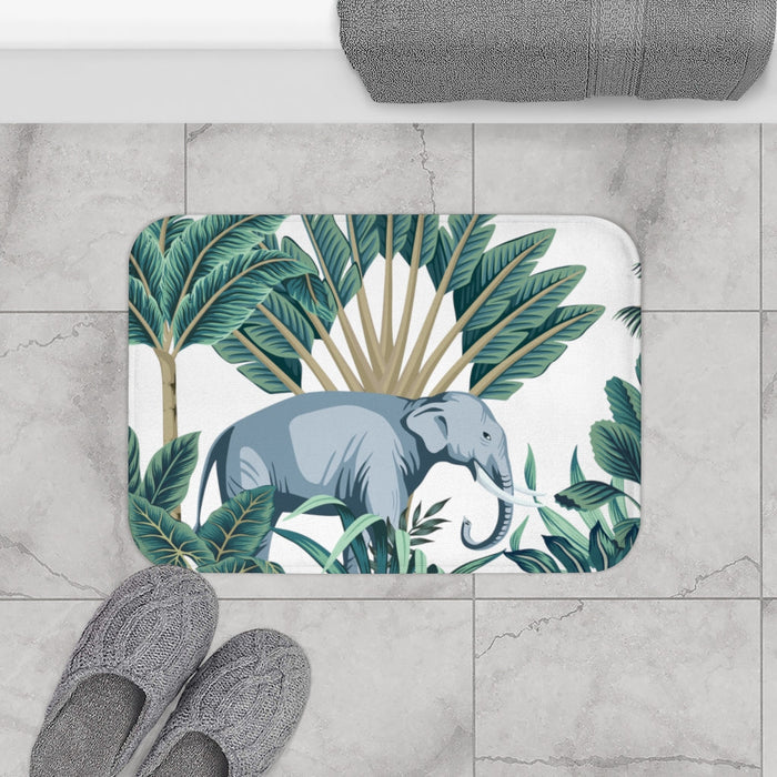 Wild Elephant Bath Mat for Lucky Home Decor: white, light blue-gray elephant in tropical foliage, cartoon botanical illustrat