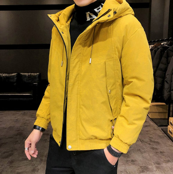 Windproof Hooded Jacket for Men: mustard yellow, black hooded jacket, casual sporty style
