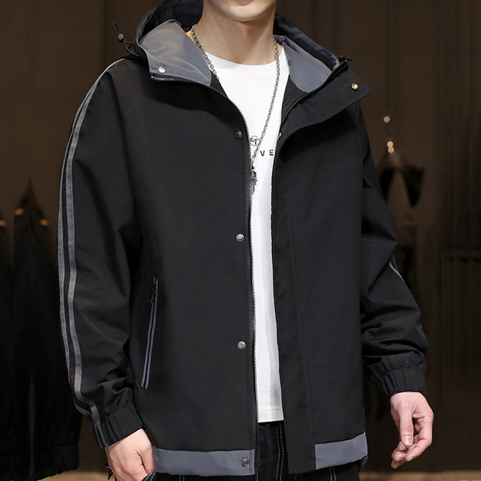 Windproof Hooded Jacket for Men: light blue, white hooded zip-front jacket, casual sporty style