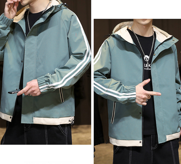 Windproof Hooded Jacket for Men: light blue, white hooded zip-front jacket, casual sporty style