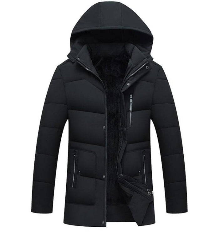 Winter Coat with Detachable Hood for Men: black, dark gray hooded puffer jacket, minimal urban style