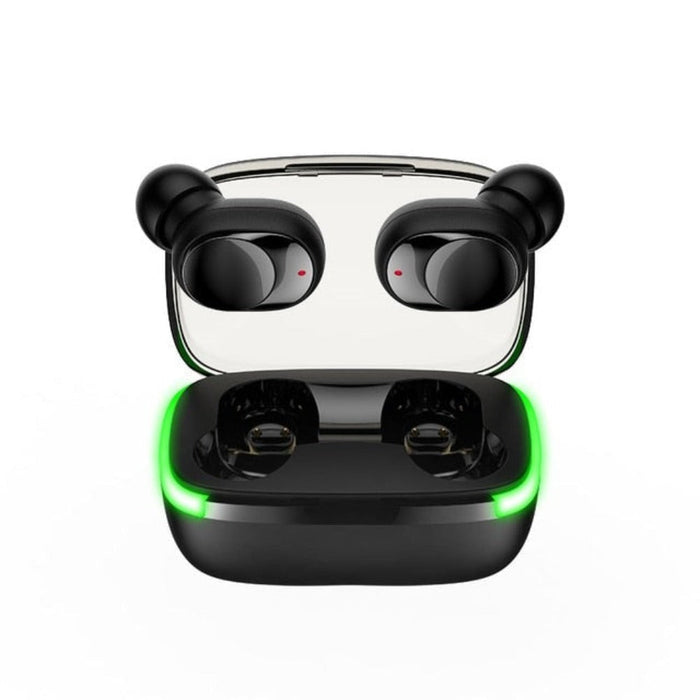 Wireless Bluetooth 5.1 Earbuds with Powerful Dragon Bass: black, dark gray cartoon bear-like character design