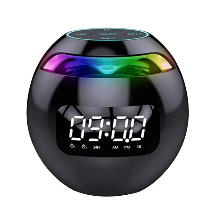 Wireless Bluetooth Speaker with Clock Functionality: black, rainbow multicolor digital alarm clock, modern futuristic style