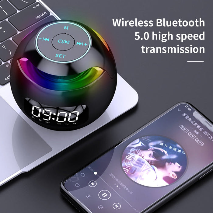 Wireless Bluetooth Speaker with Clock Functionality: black, rainbow multicolor digital alarm clock, modern futuristic style