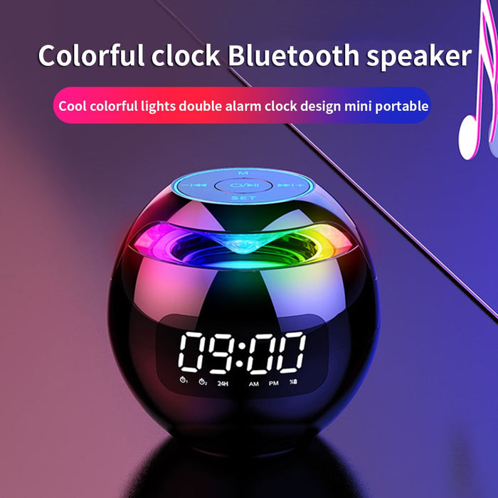 Wireless Bluetooth Speaker with Clock Functionality: black, rainbow multicolor digital alarm clock, modern futuristic style