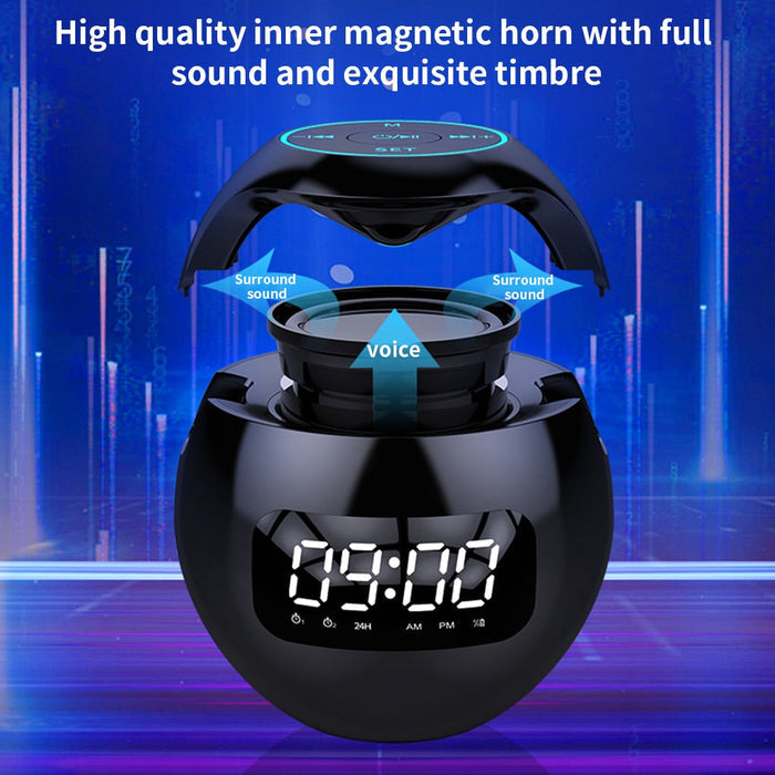 Wireless Bluetooth Speaker with Clock Functionality: black, rainbow multicolor digital alarm clock, modern futuristic style