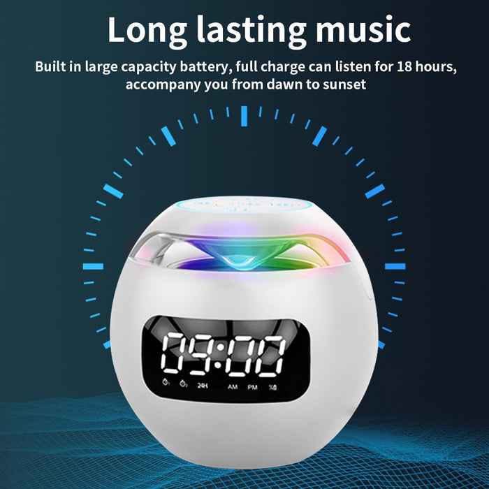 Wireless Bluetooth Speaker with Clock Functionality: black, rainbow multicolor digital alarm clock, modern futuristic style
