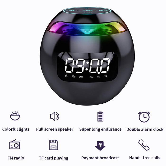 Wireless Bluetooth Speaker with Clock Functionality: black, rainbow multicolor digital alarm clock, modern futuristic style