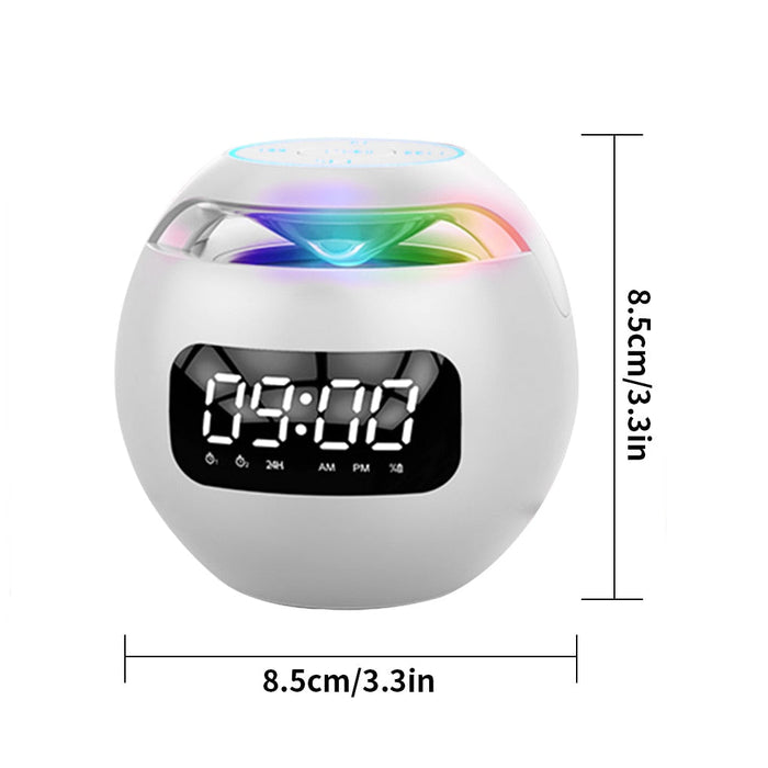 Wireless Bluetooth Speaker with Clock Functionality: black, rainbow multicolor digital alarm clock, modern futuristic style