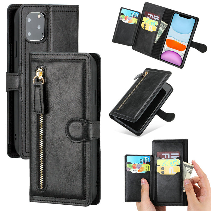 Wireless Charging Compatible Flip Case with Zippered Wallet for iPhone X to 14 Series: black, gold wallet-style smartphone ca