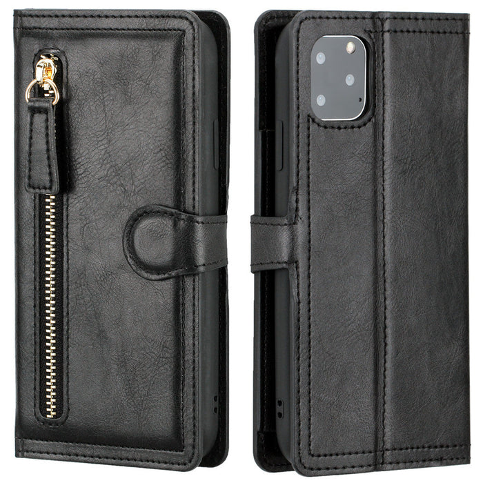 Wireless Charging Compatible Flip Case with Zippered Wallet for iPhone X to 14 Series: black, gold wallet-style smartphone ca