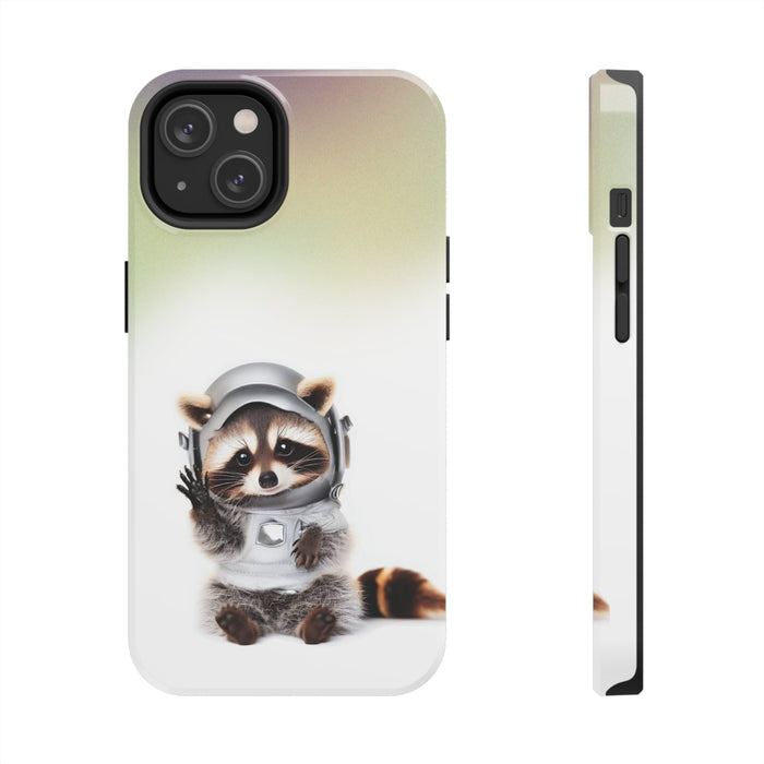 Wireless Charging iPhone Case featuring a Playful Raccoon Design: white, pale green raccoon astronaut, cute cartoon style