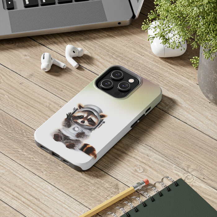 Wireless Charging iPhone Case featuring a Playful Raccoon Design: white, pale green raccoon astronaut, cute cartoon style