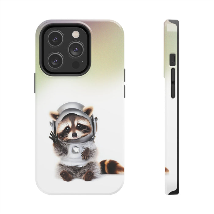 Wireless Charging iPhone Case featuring a Playful Raccoon Design: white, pale green raccoon astronaut, cute cartoon style