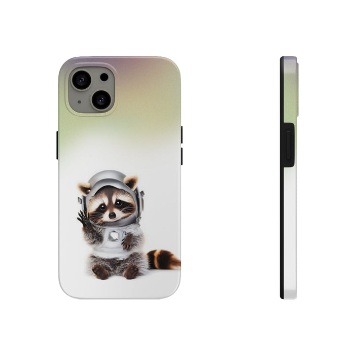 Wireless Charging iPhone Case featuring a Playful Raccoon Design: white, pale green raccoon astronaut, cute cartoon style