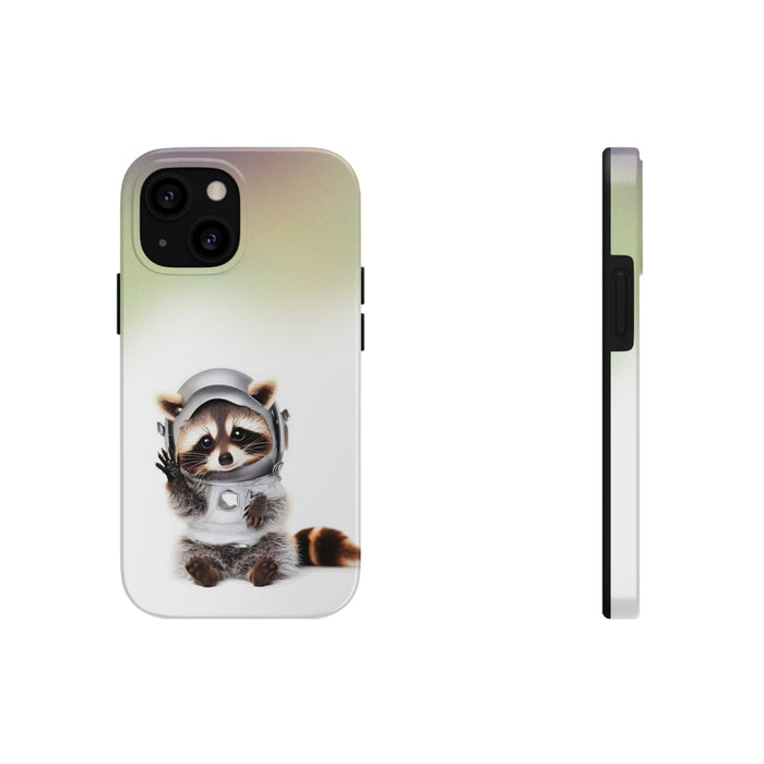 Wireless Charging iPhone Case featuring a Playful Raccoon Design: white, pale green raccoon astronaut, cute cartoon style