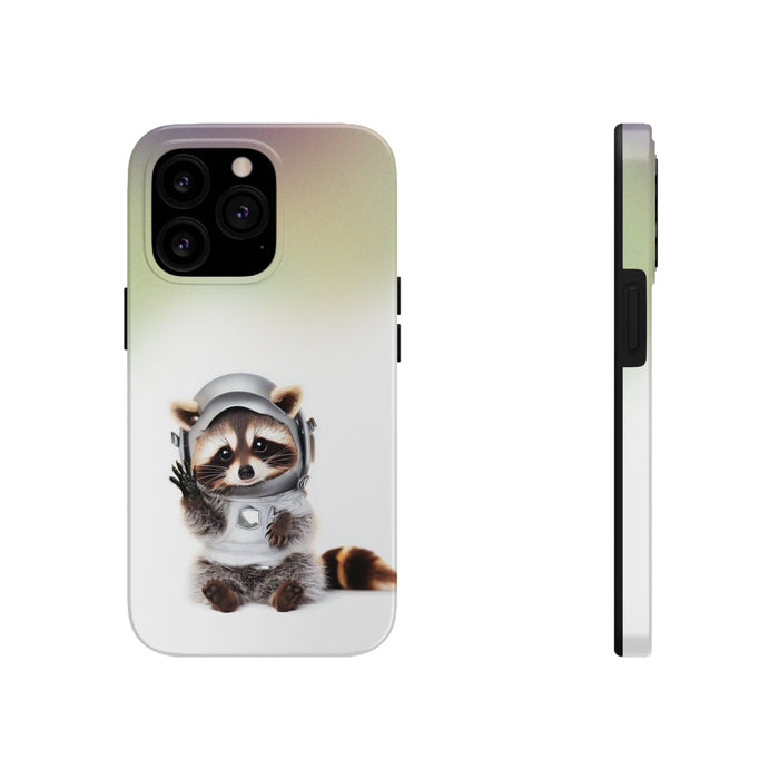 Wireless Charging iPhone Case featuring a Playful Raccoon Design: white, pale green raccoon astronaut, cute cartoon style