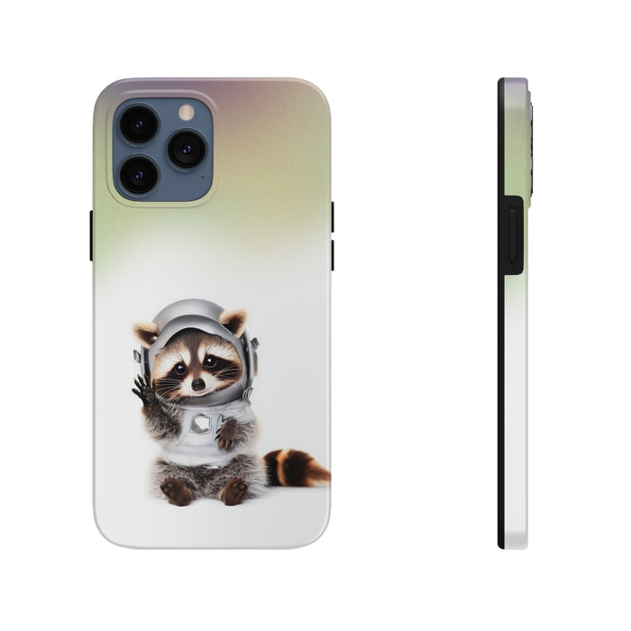 Wireless Charging iPhone Case featuring a Playful Raccoon Design: white, pale green raccoon astronaut, cute cartoon style