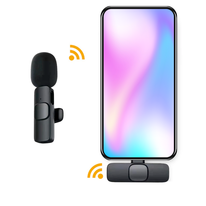 Wireless Clip-On Mini Recording Microphone: black, orange wireless clip-on microphone set, minimal product illustration style