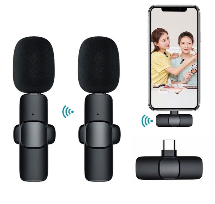 Wireless Clip-On Mini Recording Microphone: black, orange wireless clip-on microphone set, minimal product illustration style