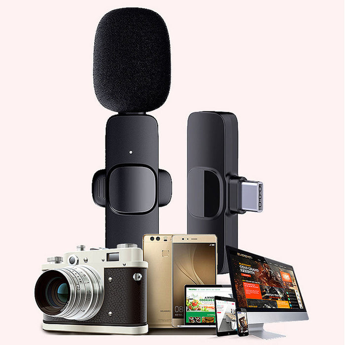 Wireless Clip-On Mini Recording Microphone: black, orange wireless clip-on microphone set, minimal product illustration style