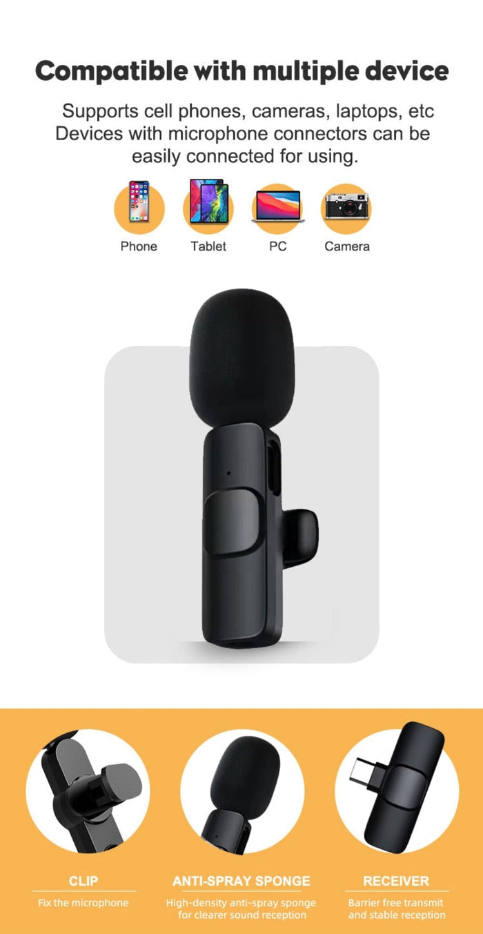 Wireless Clip-On Mini Recording Microphone: black, orange wireless clip-on microphone set, minimal product illustration style