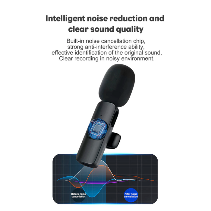 Wireless Clip-On Mini Recording Microphone: black, orange wireless clip-on microphone set, minimal product illustration style
