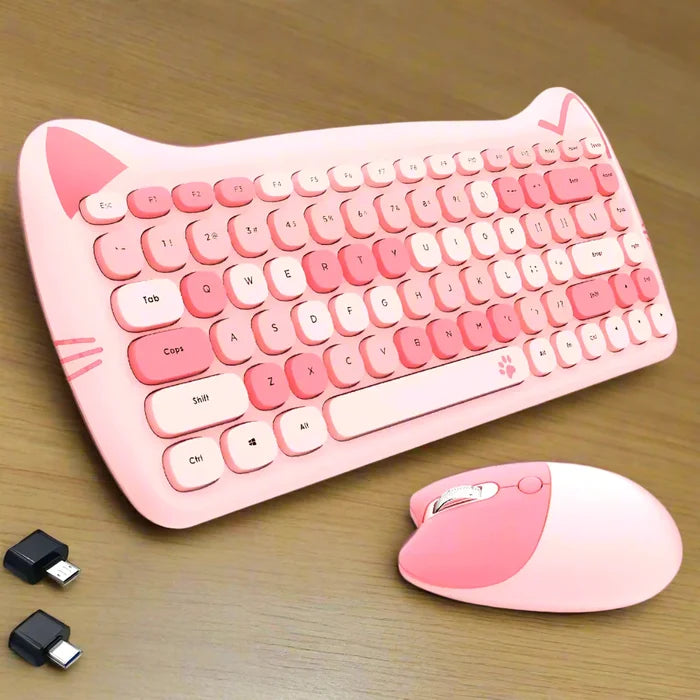 Wireless Keyboard and Mouse Kit with Feline Design: light pink, pink cat-themed, kawaii style
