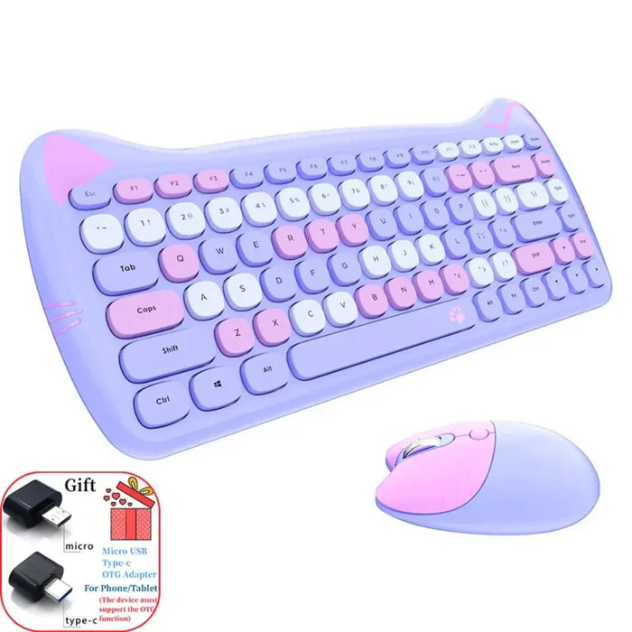 Wireless Keyboard and Mouse Kit with Feline Design: light pink, pink cat-themed, kawaii style