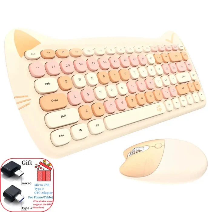 Wireless Keyboard and Mouse Kit with Feline Design: light pink, pink cat-themed, kawaii style