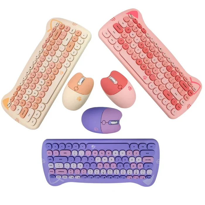 Wireless Keyboard and Mouse Kit with Feline Design: light pink, pink cat-themed, kawaii style