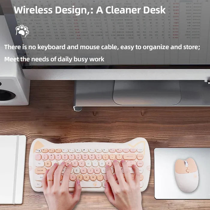 Wireless Keyboard and Mouse Kit with Feline Design: light pink, pink cat-themed, kawaii style