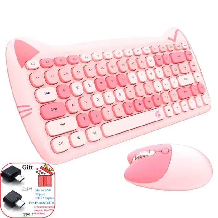 Wireless Keyboard and Mouse Kit with Feline Design: light pink, pink cat-themed, kawaii style