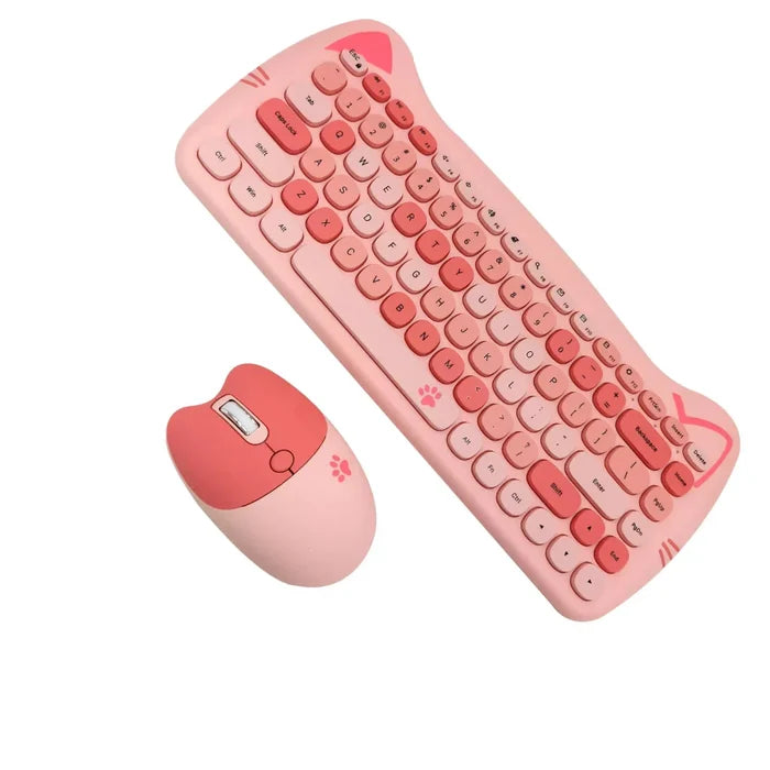 Wireless Keyboard and Mouse Kit with Feline Design: light pink, pink cat-themed, kawaii style