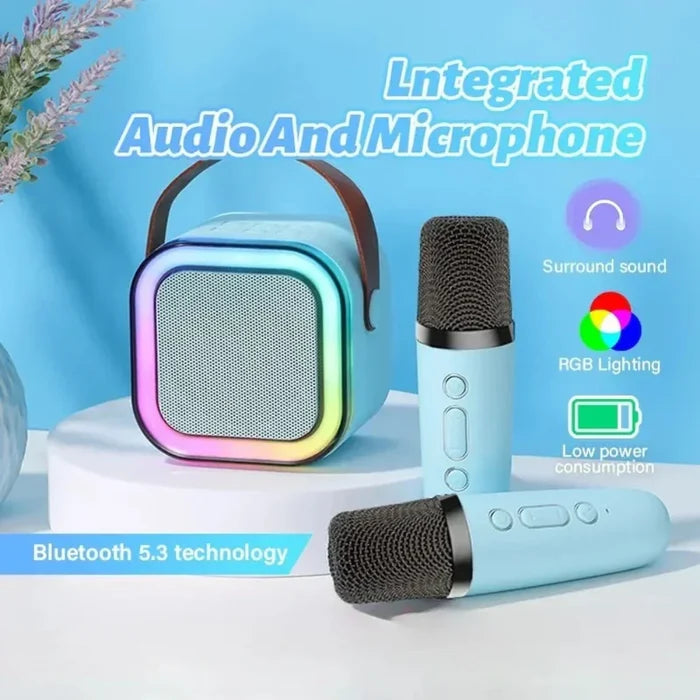 "" Wireless Mini Speaker with Dual Microphones and RGB Lighting: light blue, black portable Bluetooth speaker with two handhe