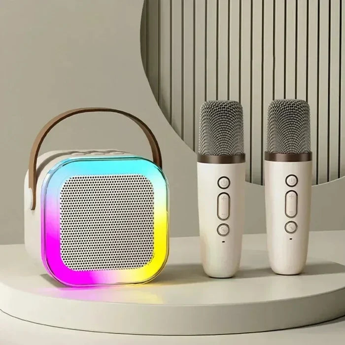 "" Wireless Mini Speaker with Dual Microphones and RGB Lighting: light blue, black portable Bluetooth speaker with two handhe