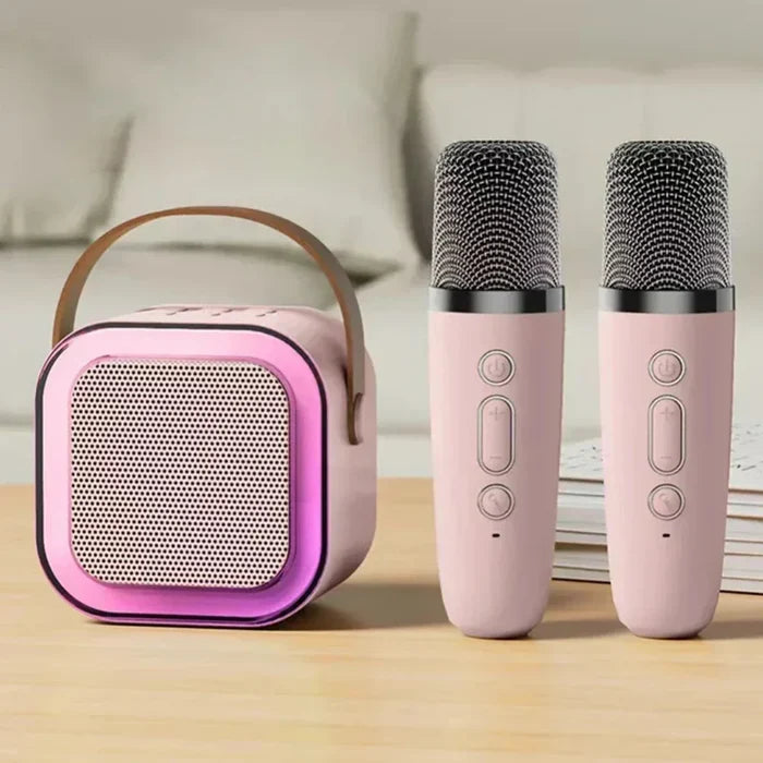 "" Wireless Mini Speaker with Dual Microphones and RGB Lighting: light blue, black portable Bluetooth speaker with two handhe