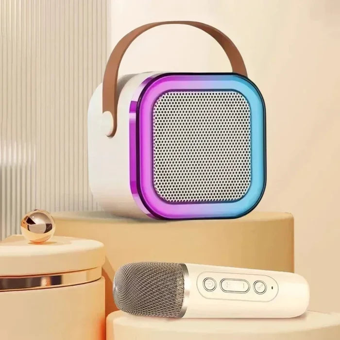 "" Wireless Mini Speaker with Dual Microphones and RGB Lighting: light blue, black portable Bluetooth speaker with two handhe