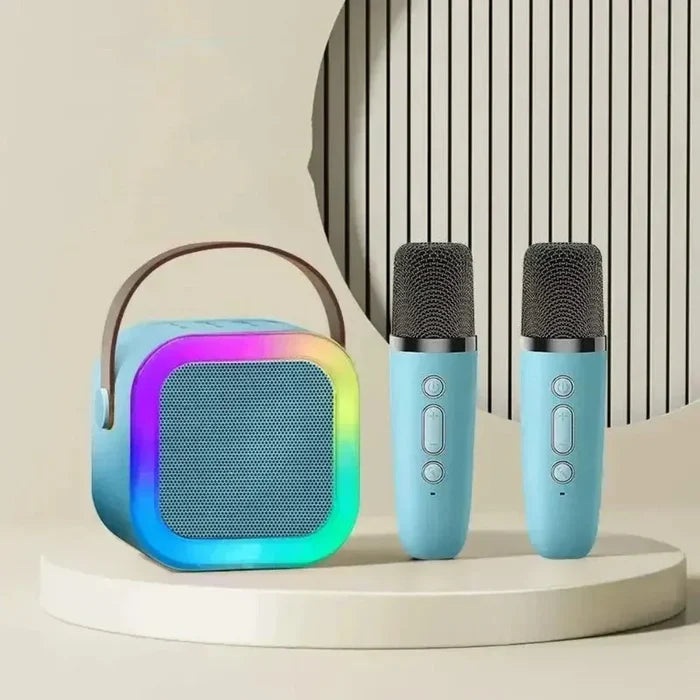 "" Wireless Mini Speaker with Dual Microphones and RGB Lighting: light blue, black portable Bluetooth speaker with two handhe