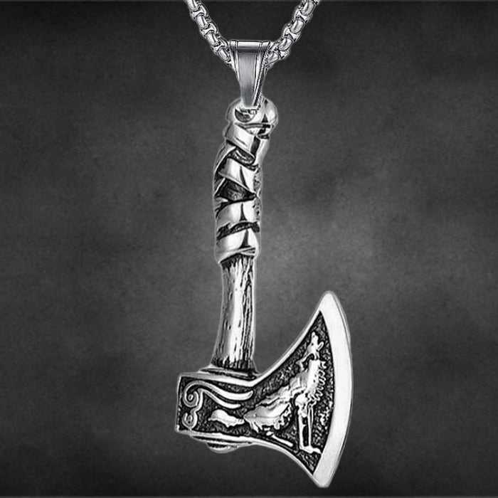 Wolf Totem Axe Pendant: silver, dark gray battle axe, ornamental fantasy style