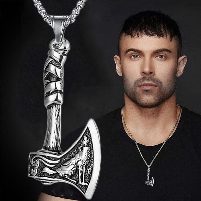 Wolf Totem Axe Pendant: silver, dark gray battle axe, ornamental fantasy style
