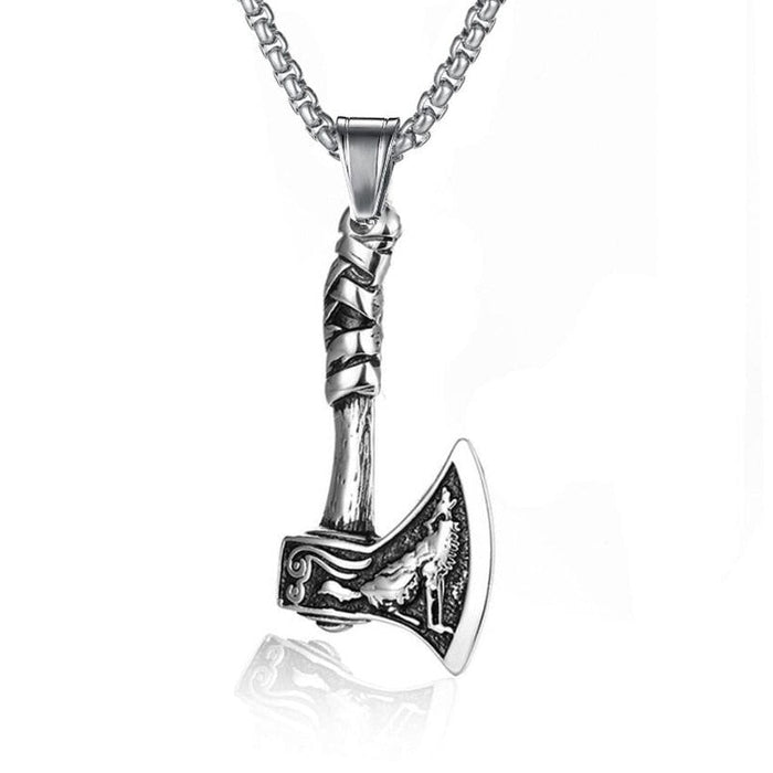 Wolf Totem Axe Pendant: silver, dark gray battle axe, ornamental fantasy style